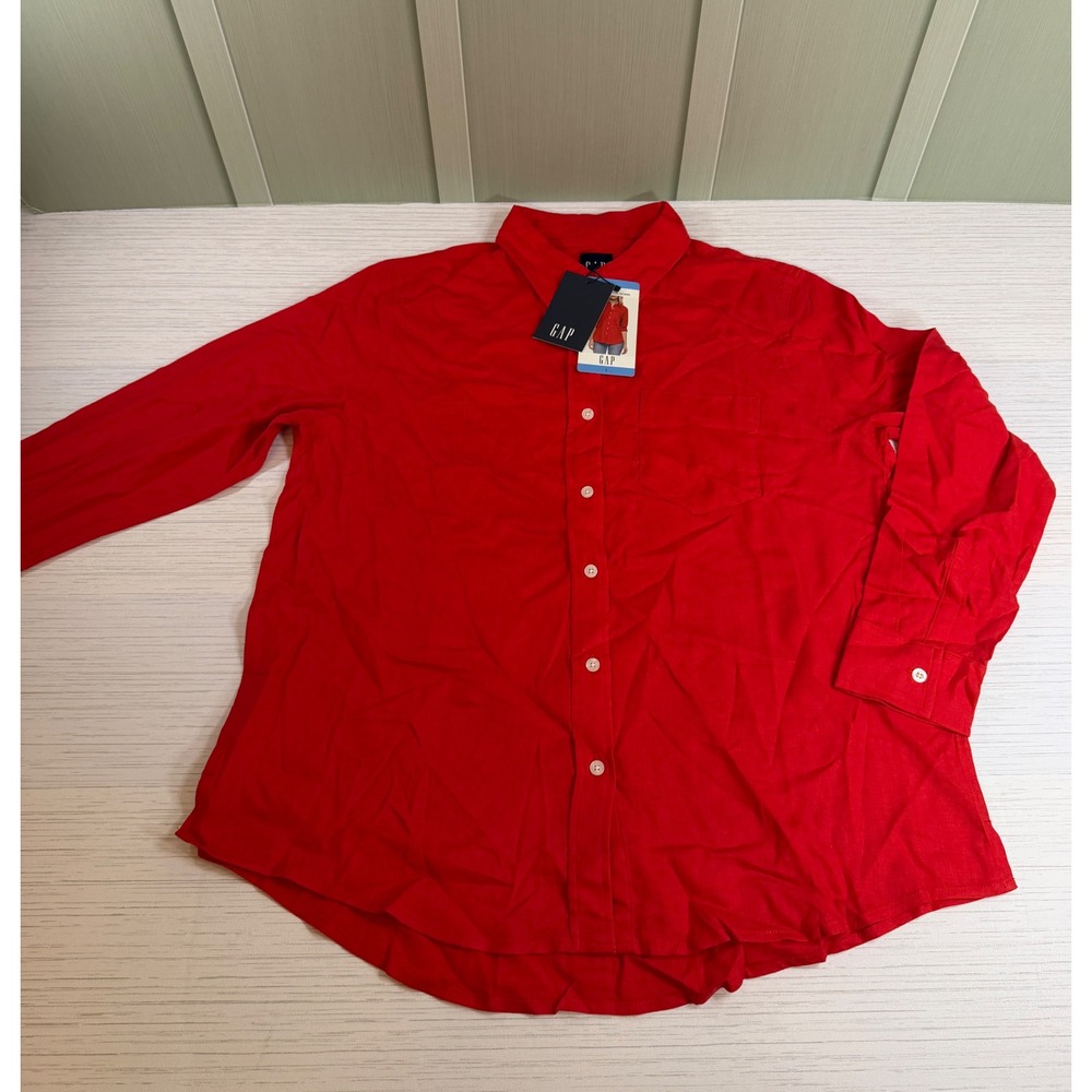 Gap Womens Large Linen Button Down Shirt Red Long Sleeve Top GP012715 NWT New - Picture 2 of 6